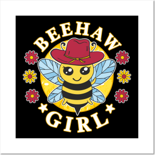 Funny Beehaw Girl Bee with Cowboy Hat Pun Posters and Art